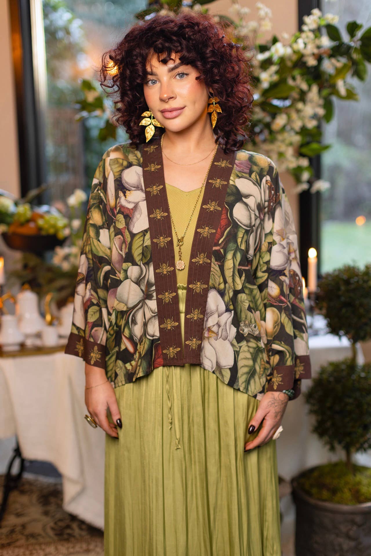 Fleur De Lune Pixie Duster Crop Kimono w/ Florals & Bees
