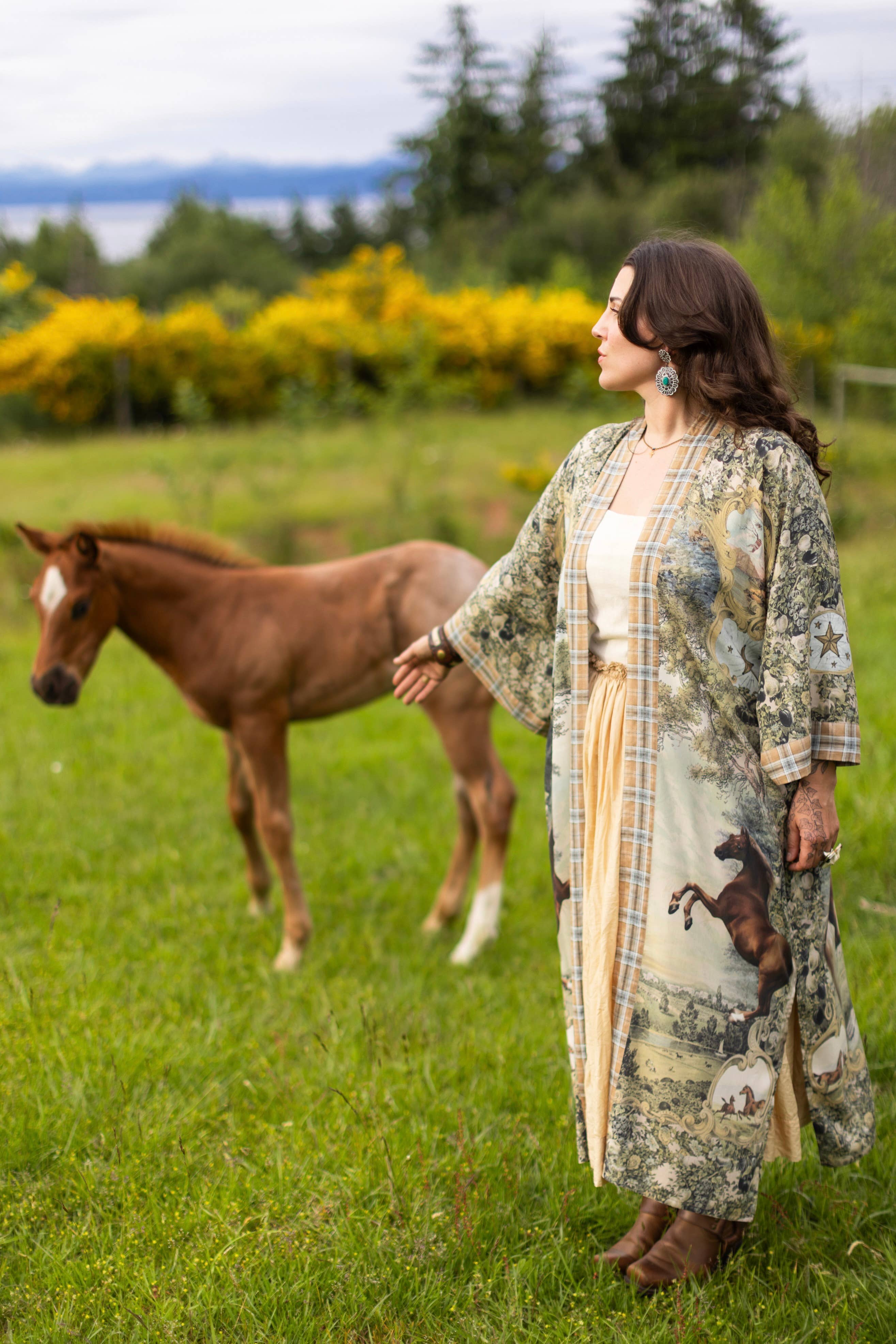 Born To Run Opera Duster Kimono Robe w/ Wild Horses & Floral