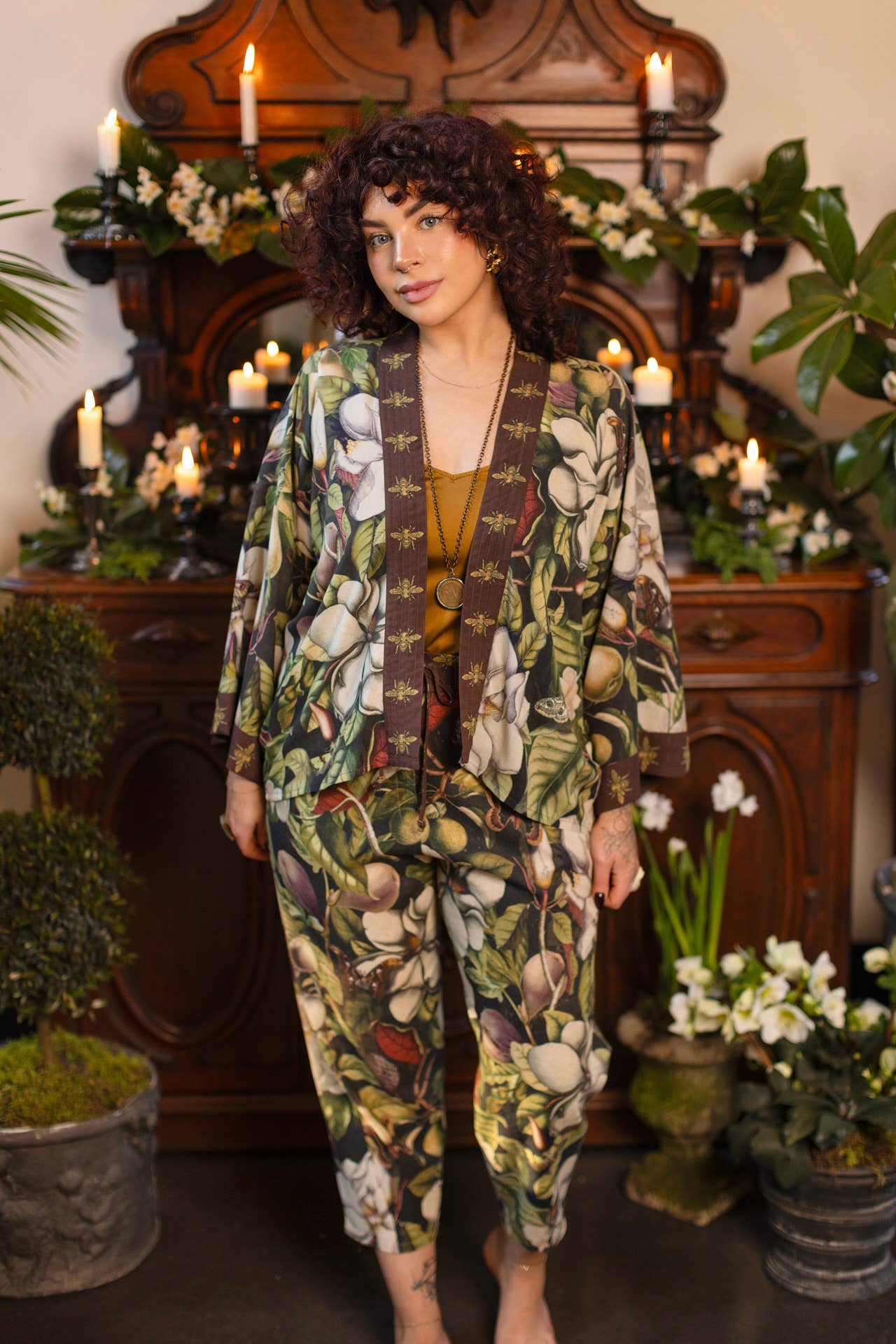 Fleur De Lune Pixie Duster Crop Kimono w/ Florals & Bees