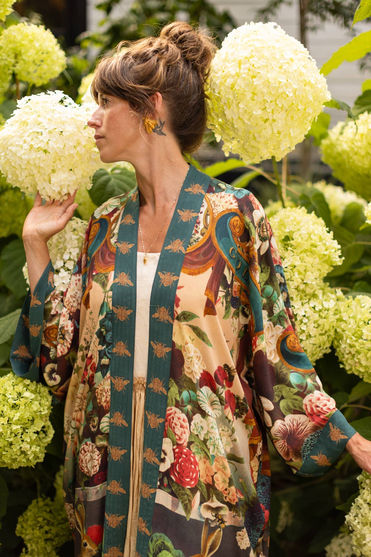 Stay Gold Opera Duster Kimono Robe w/ Rabbit & Bees