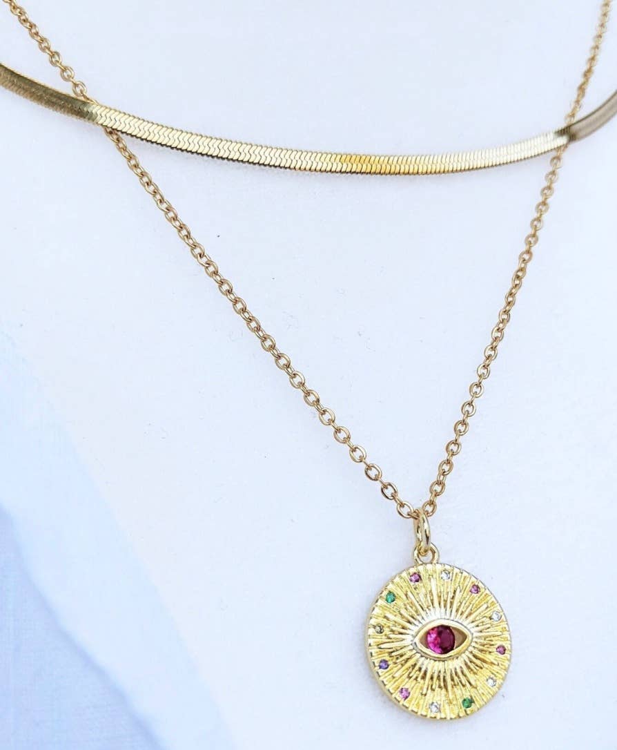 HoopLa Style - Evil Eye Coin Pendant Necklace 14K gold. "Ruby"