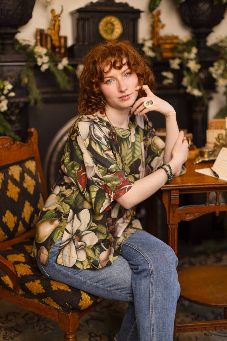 Fleur De Lune Luxe Tee Tunic Shirt w/ Floral Print & Bees