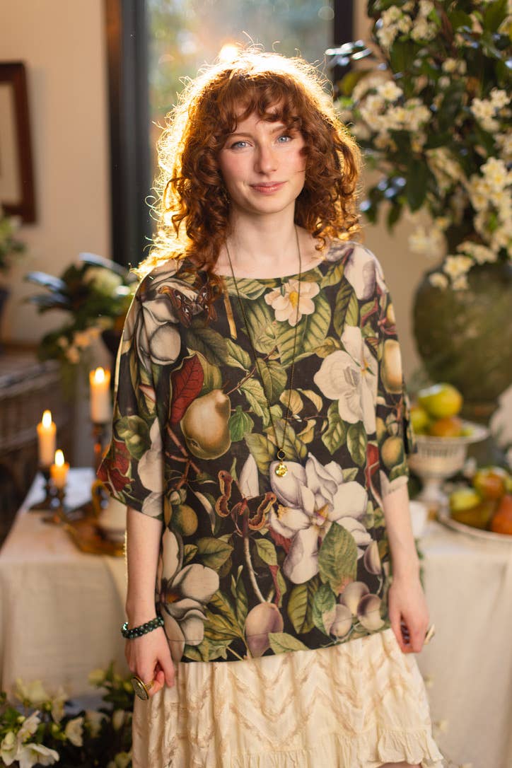 Fleur De Lune Luxe Tee Tunic Shirt w/ Floral Print & Bees