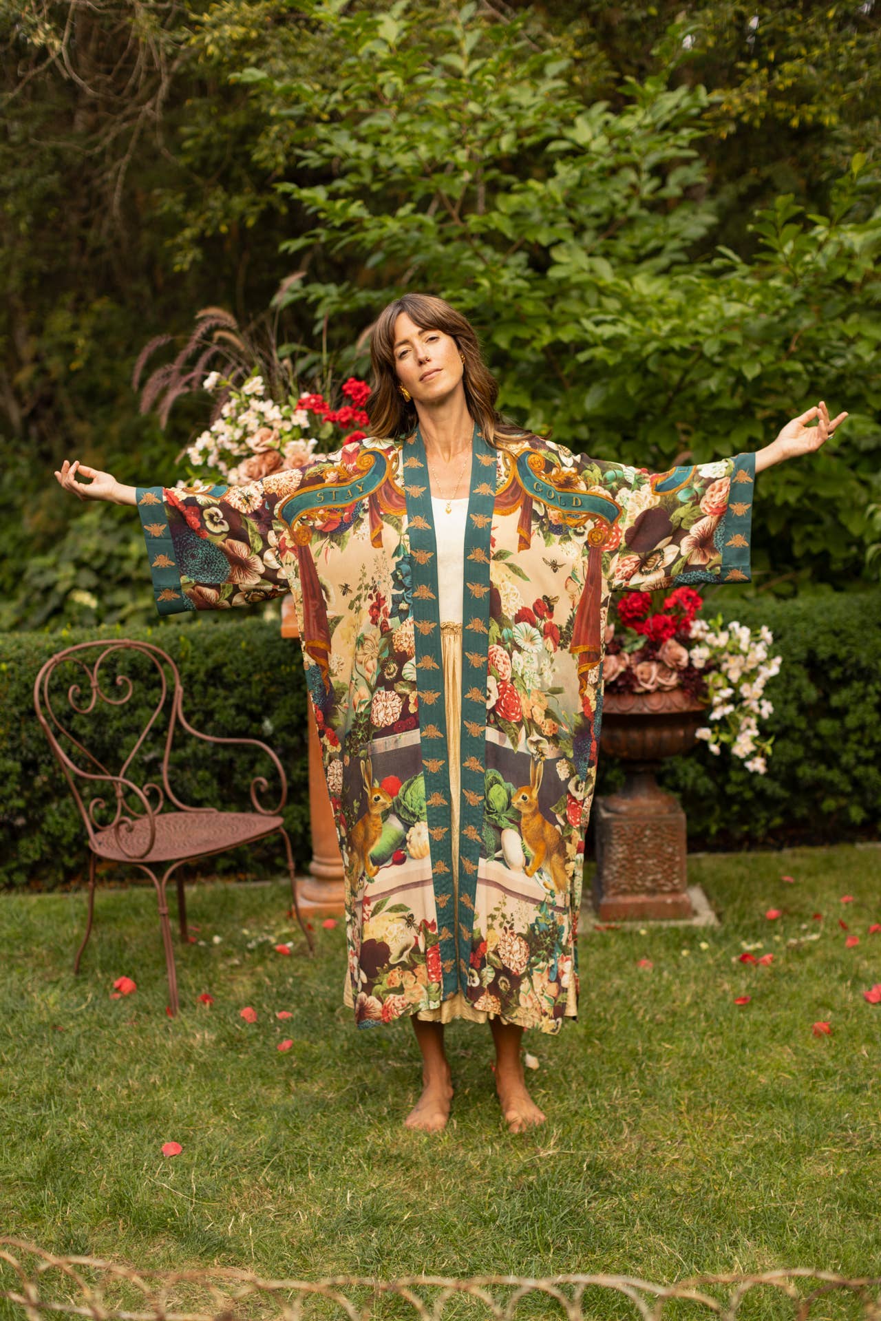 Stay Gold Opera Duster Kimono Robe w/ Rabbit & Bees