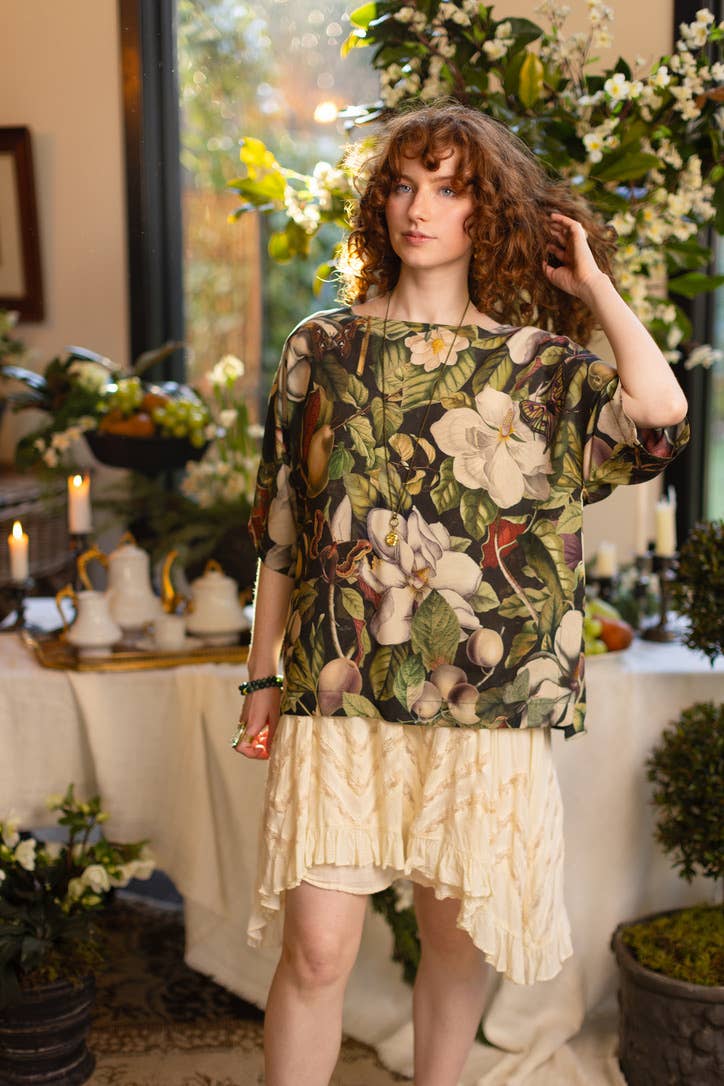 Fleur De Lune Luxe Tee Tunic Shirt w/ Floral Print & Bees