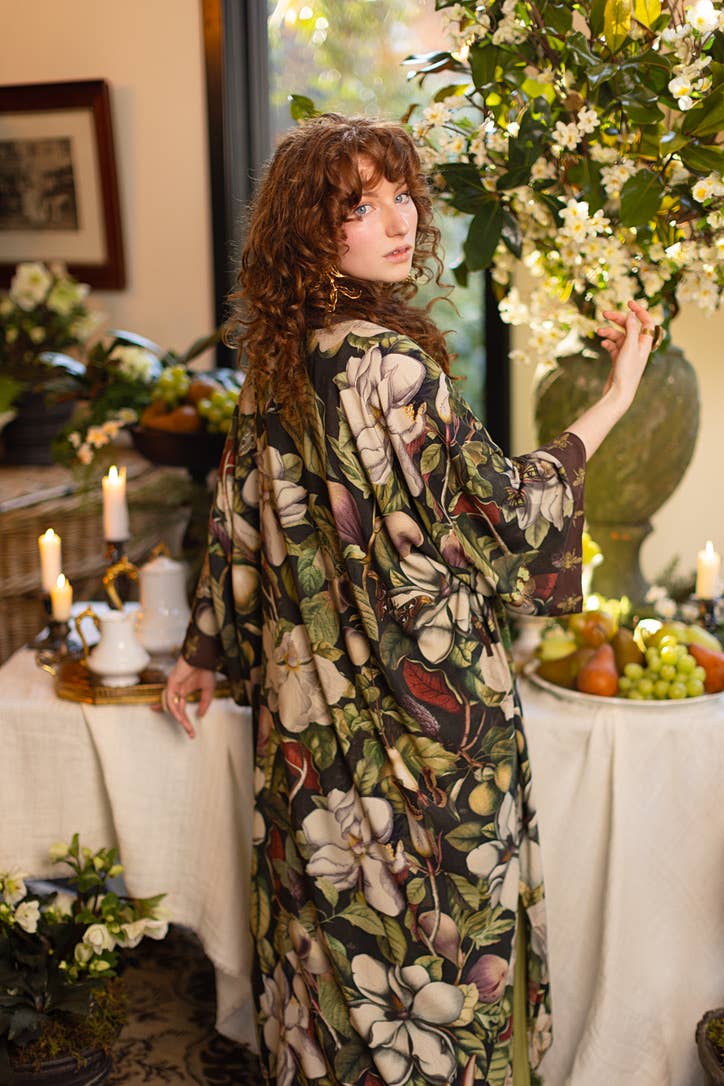 Fleur De Lune Opera Duster Kimono Robe w/ Florals & Bees