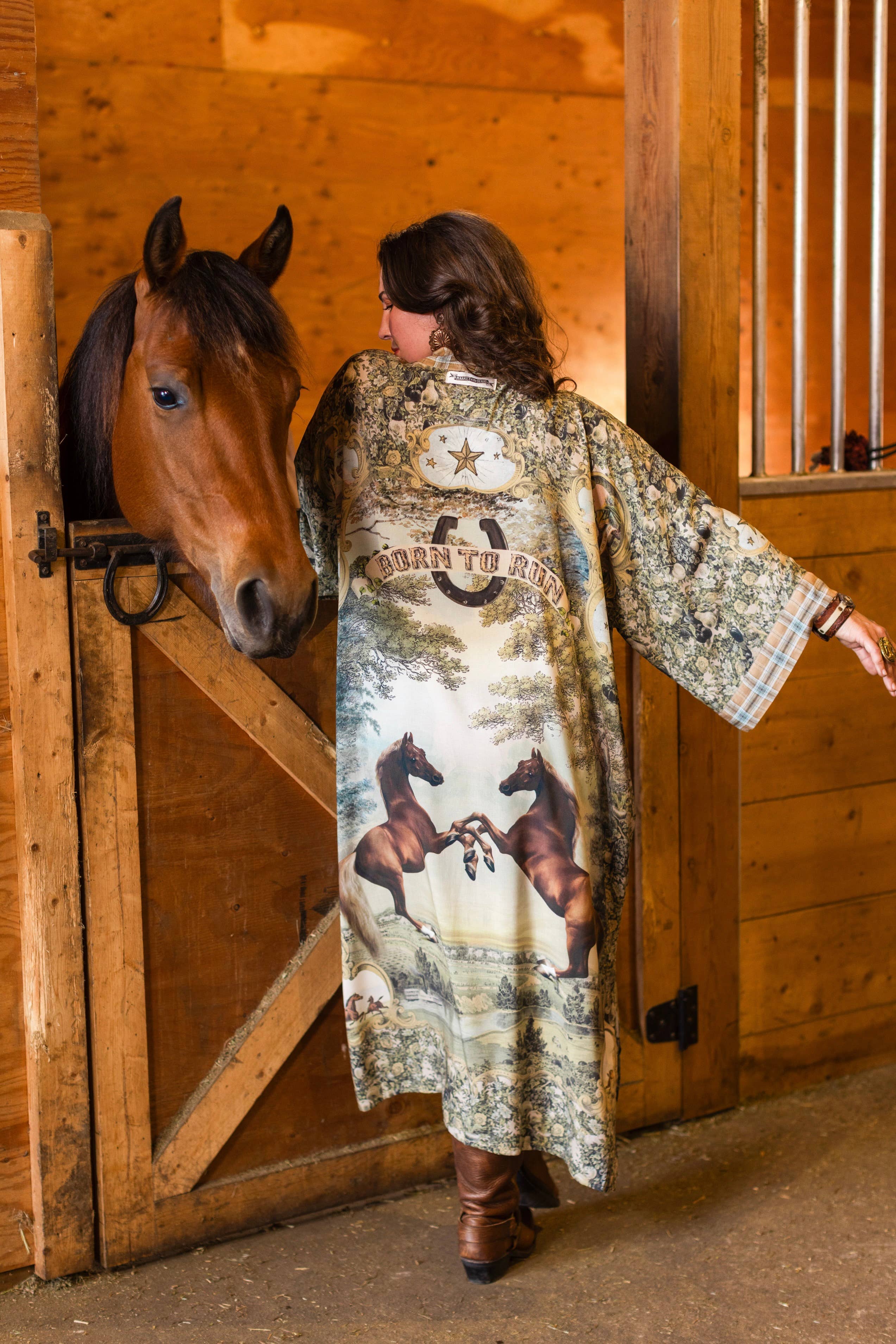 Born To Run Opera Duster Kimono Robe w/ Wild Horses & Floral