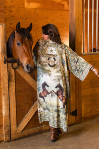 Born To Run Opera Duster Kimono Robe w/ Wild Horses & Floral