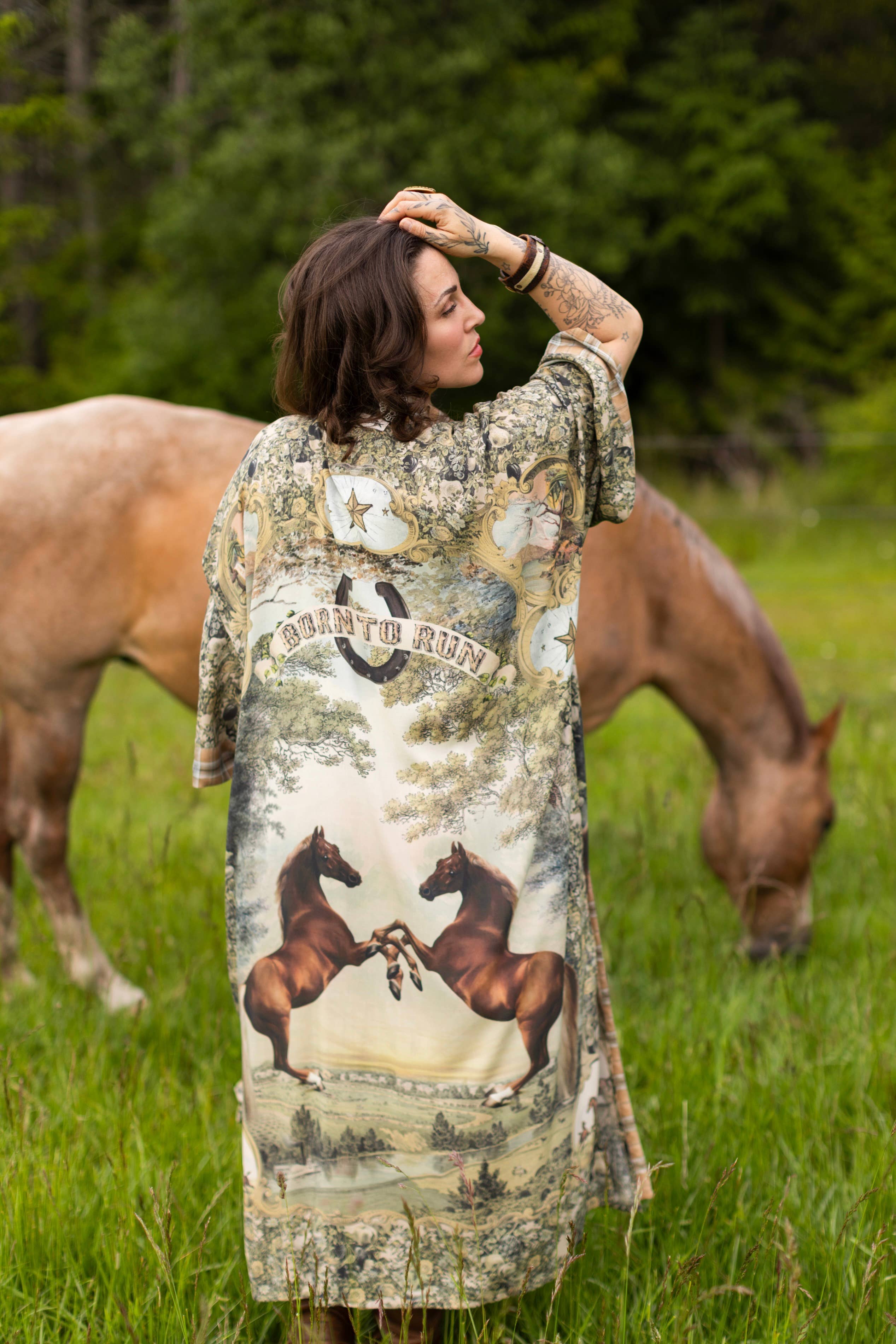 Born To Run Opera Duster Kimono Robe w/ Wild Horses & Floral