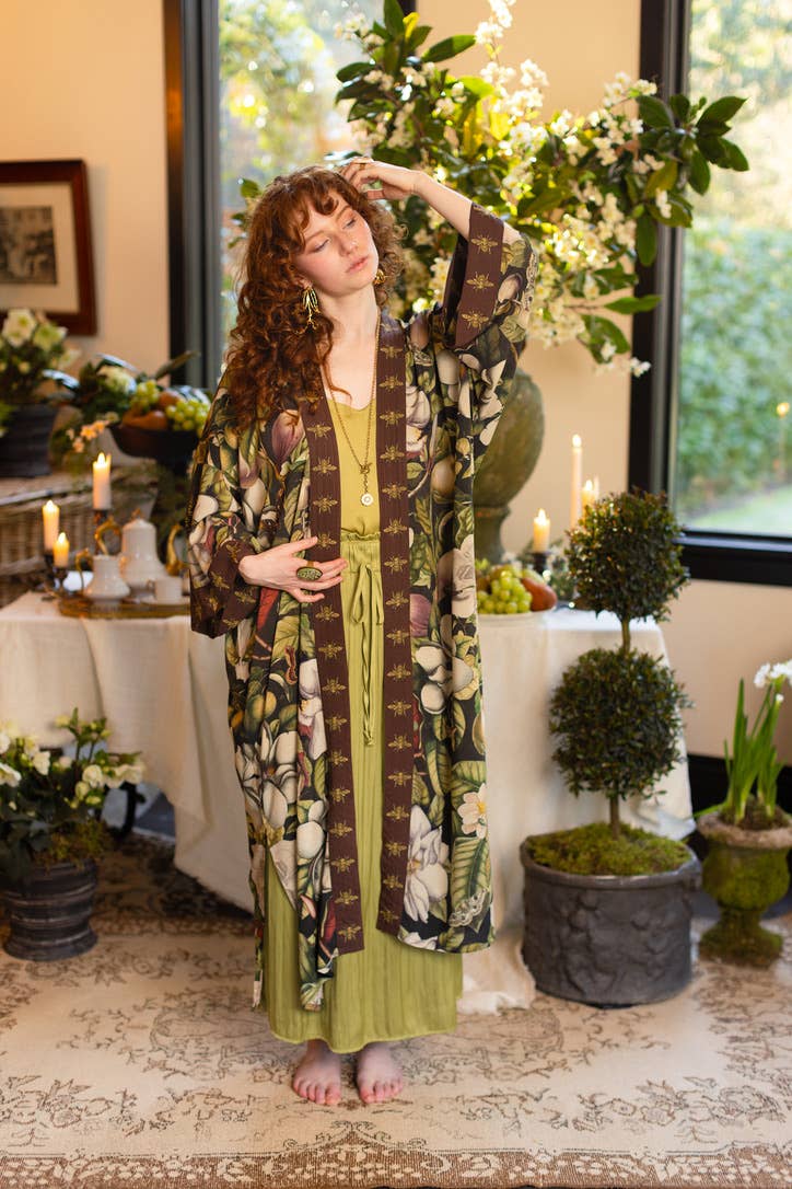 Fleur De Lune Opera Duster Kimono Robe w/ Florals & Bees
