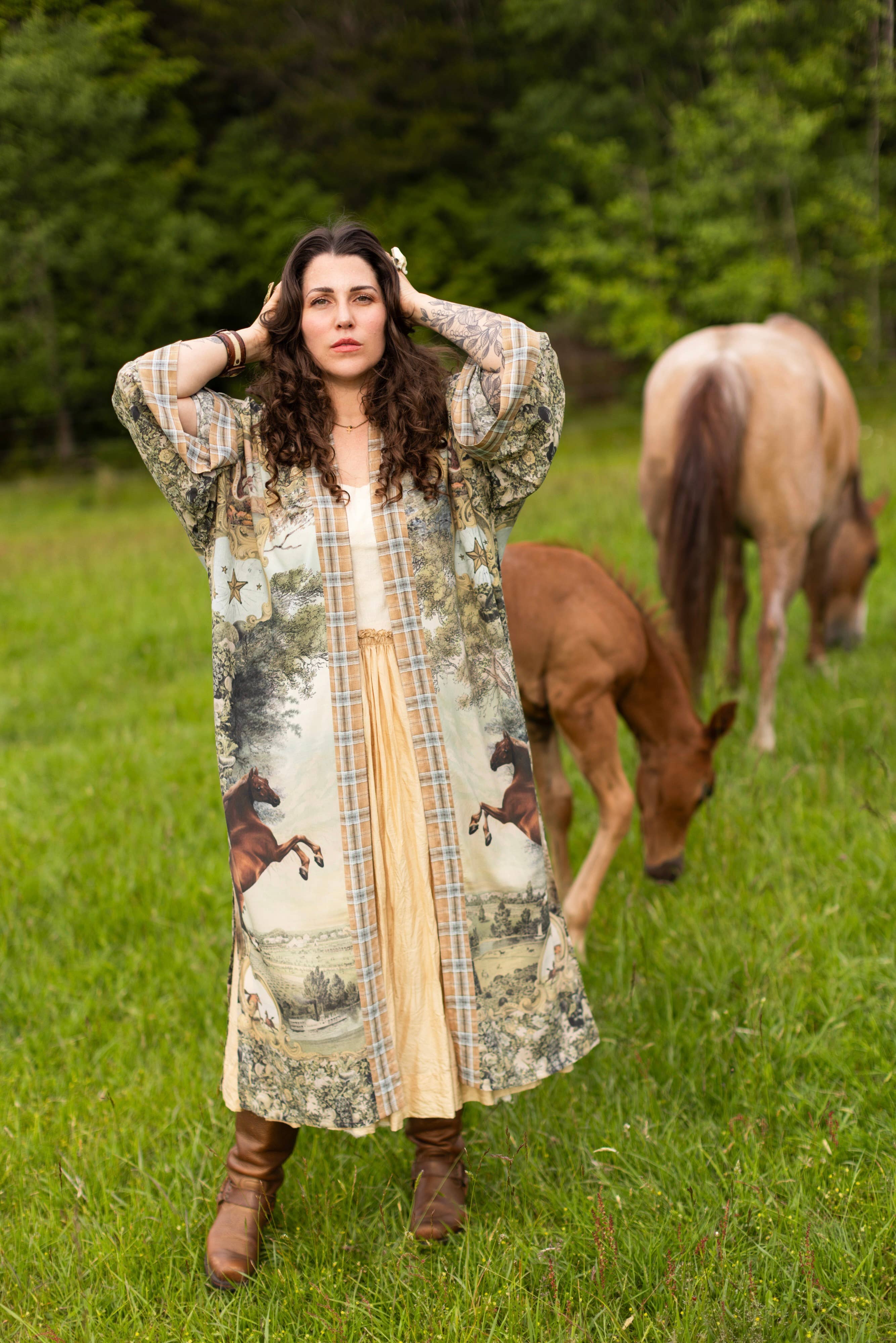 Born To Run Opera Duster Kimono Robe w/ Wild Horses & Floral
