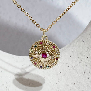 HoopLa Style - Evil Eye Coin Pendant Necklace 14K gold. "Ruby"