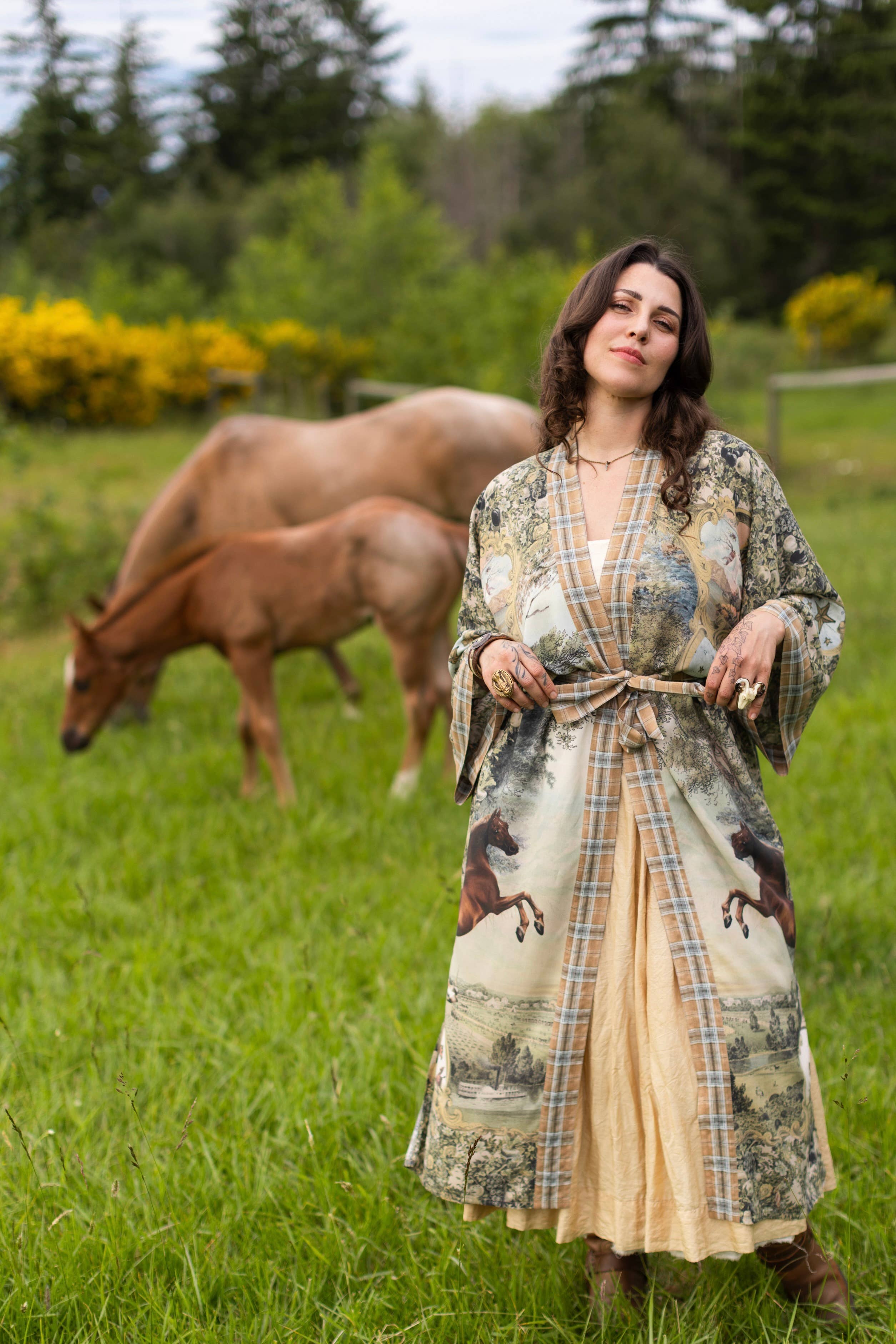 Born To Run Opera Duster Kimono Robe w/ Wild Horses & Floral