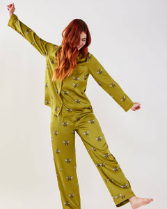 Olive Bee Satin Button Up Long Pyjama Set