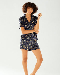 Navy Celestial Velour Button Up Short Pyjama Set
