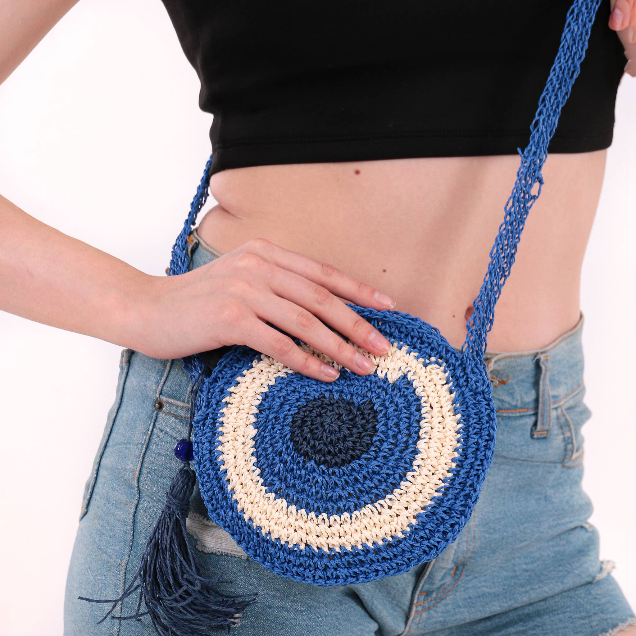 Small Blue Evil Eye Straw Bag