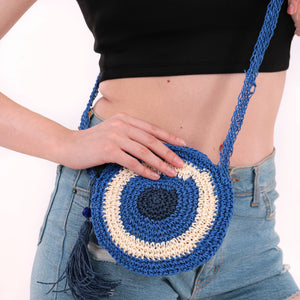 Small Blue Evil Eye Straw Bag