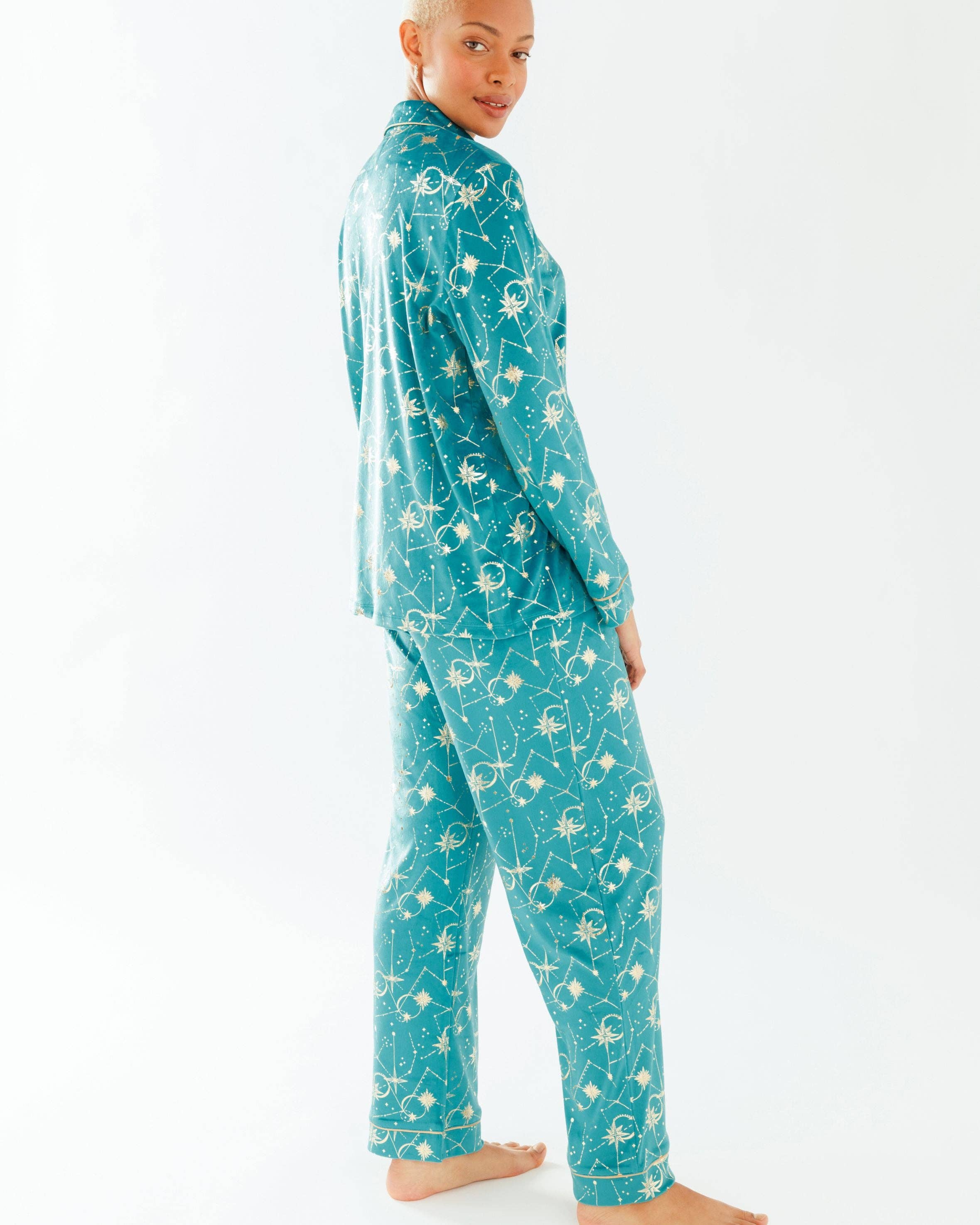 Teal Celestial Velour Button Up Long Pyjama Set