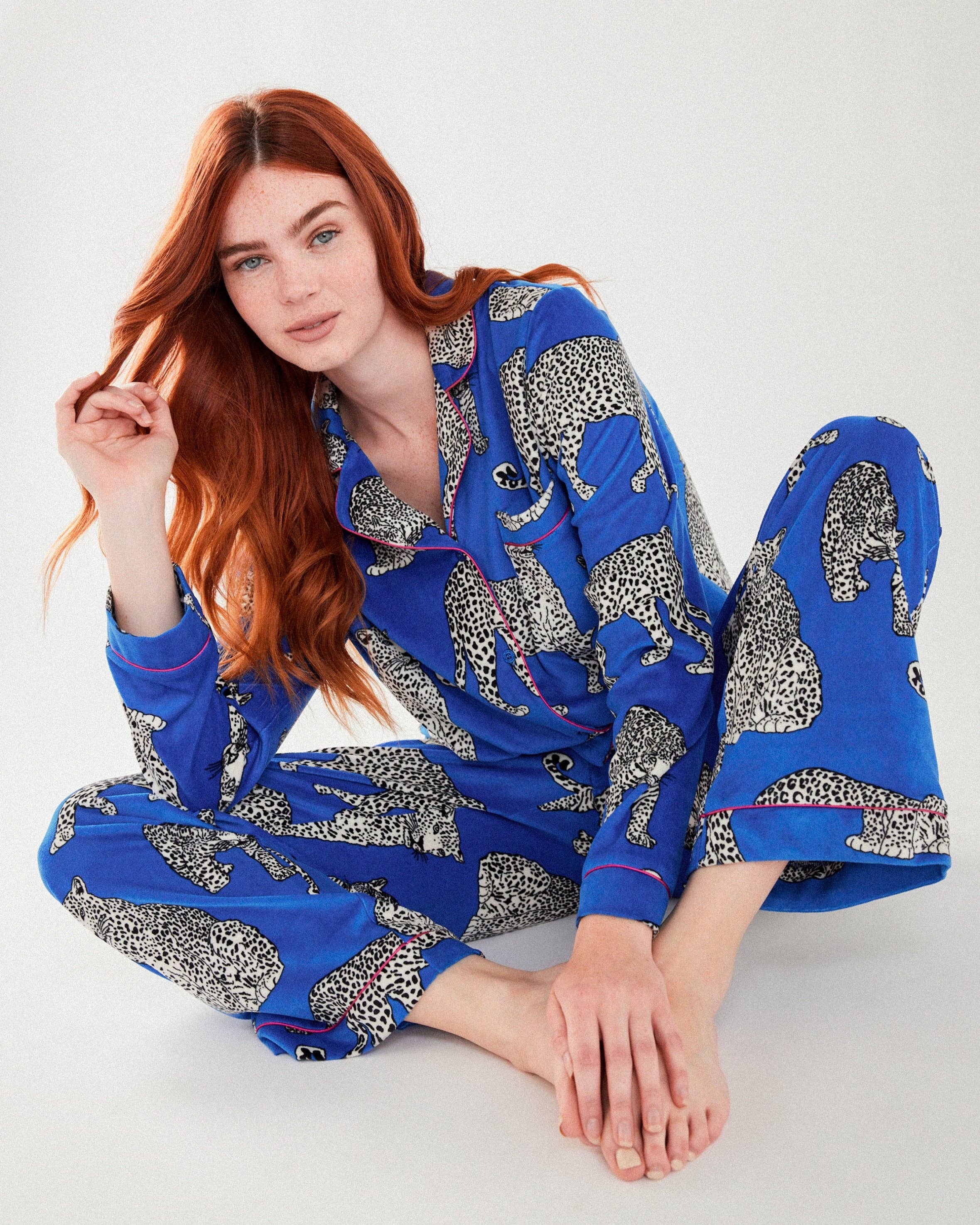Velour Leopard Button Up Long Pyjama Set